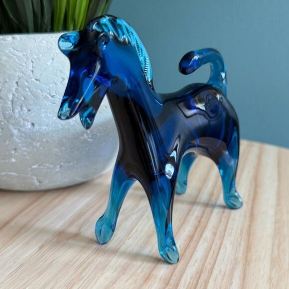 Vintage MCM Rainbow Art Glass Cobalt Blue Hand Blown Horse Figurine 1950's - Picture 3 of 10